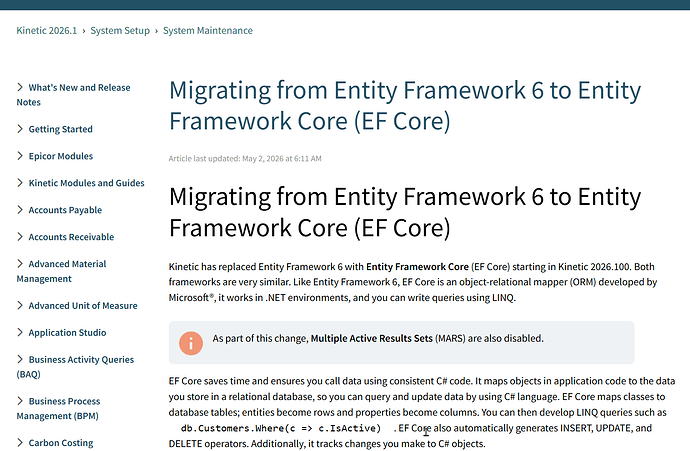 Entity core framework fix at 2026.100? - Kinetic ERP - Epicor User Help ...