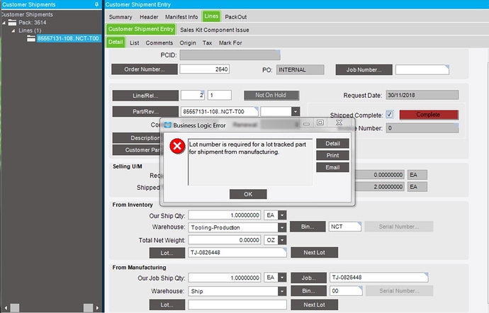 CustShipEntry-BusinessLogicError Lot Number required (2961)