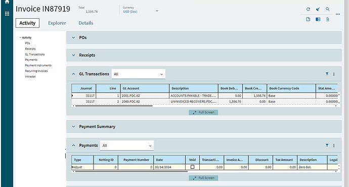 AP Adjustment zero dollars