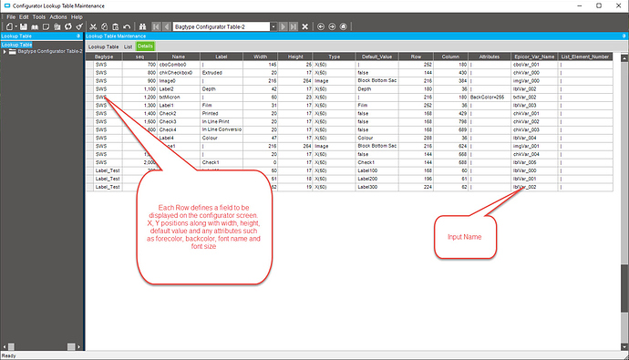 Configurator Bagtype Configurator Table