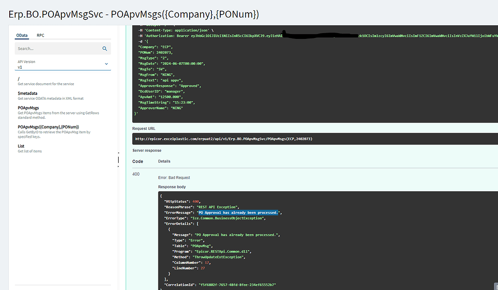 Error message from api patch test : PO Approval has already been ...
