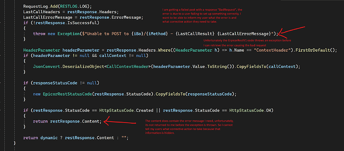 Epicor Code error vs reason for bad request