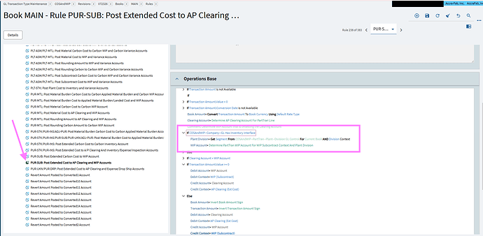 PUR-SUB Post Extended Cost to AP Clearing and WIP Accounts Rule Config Page