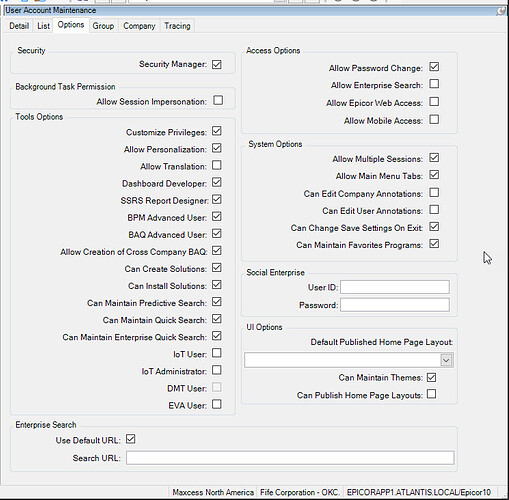 User Account Maintenance Options