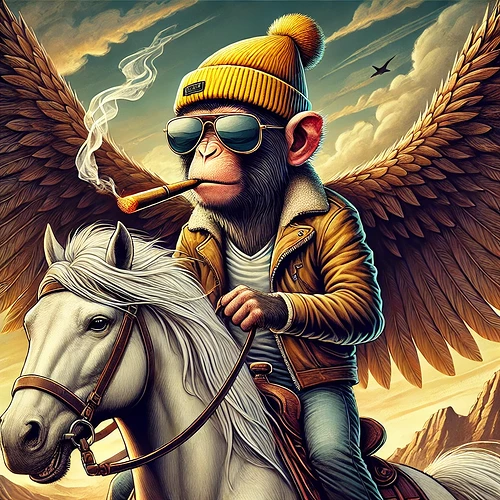 DALL·E 2024-09-01 19.01.09 - A fantastical scene featuring a monkey with large, majestic eagle wings. The monkey is wearing a yellow beanie and cool sunglasses, smoking a cigar co