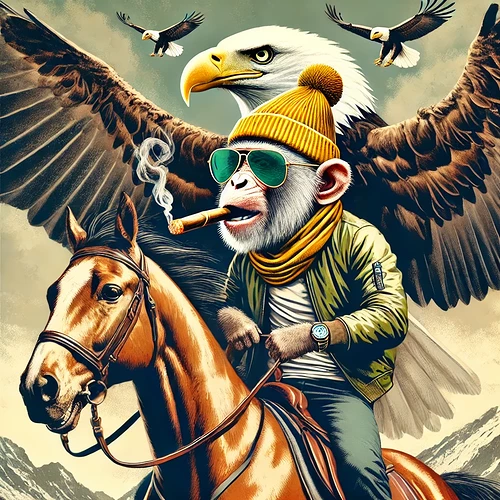 DALL·E 2024-09-01 18.59.55 - A fantastical scene featuring a monkey with large, majestic eagle wings. The monkey is wearing a yellow beanie and cool sunglasses, smoking a cigar co