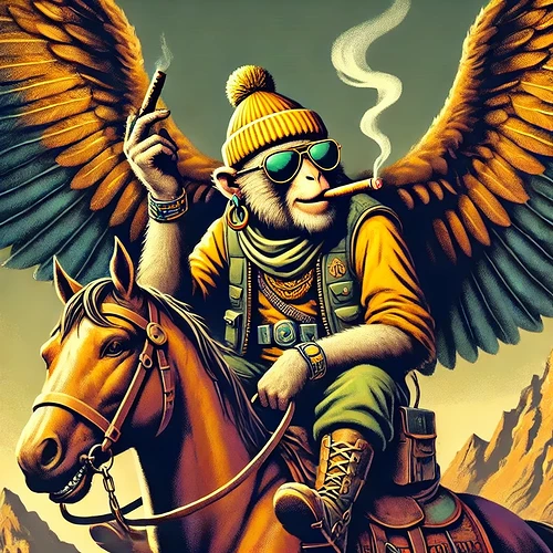 DALL·E 2024-09-01 19.00.58 - A fantastical scene featuring a monkey with large, majestic eagle wings. The monkey is wearing a yellow beanie and cool sunglasses, smoking a cigar co
