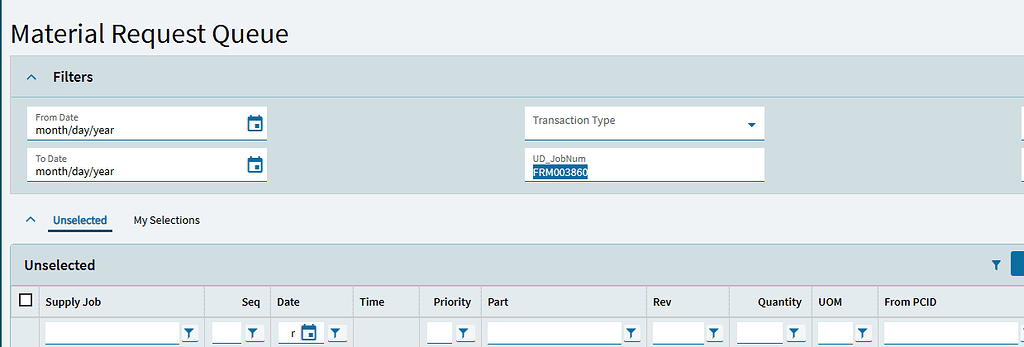 Kinetic MES: Filtering Unselected Grid in Material Request Queue (Load ...