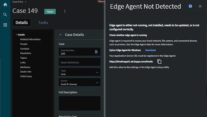 Case Entry Edge Agent Error