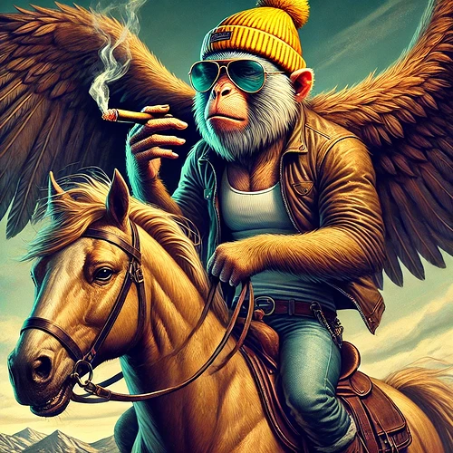 DALL·E 2024-09-01 18.58.59 - A fantastical scene featuring a monkey with large, majestic eagle wings. The monkey is wearing a yellow beanie and cool sunglasses, smoking a cigar co